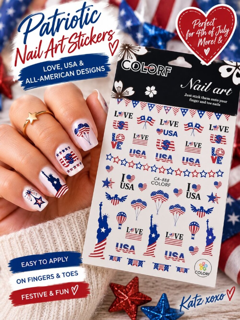 Patriotic Nail Art Stickers Statue Liberty USA LOVE 4th July Red White Blue Flag